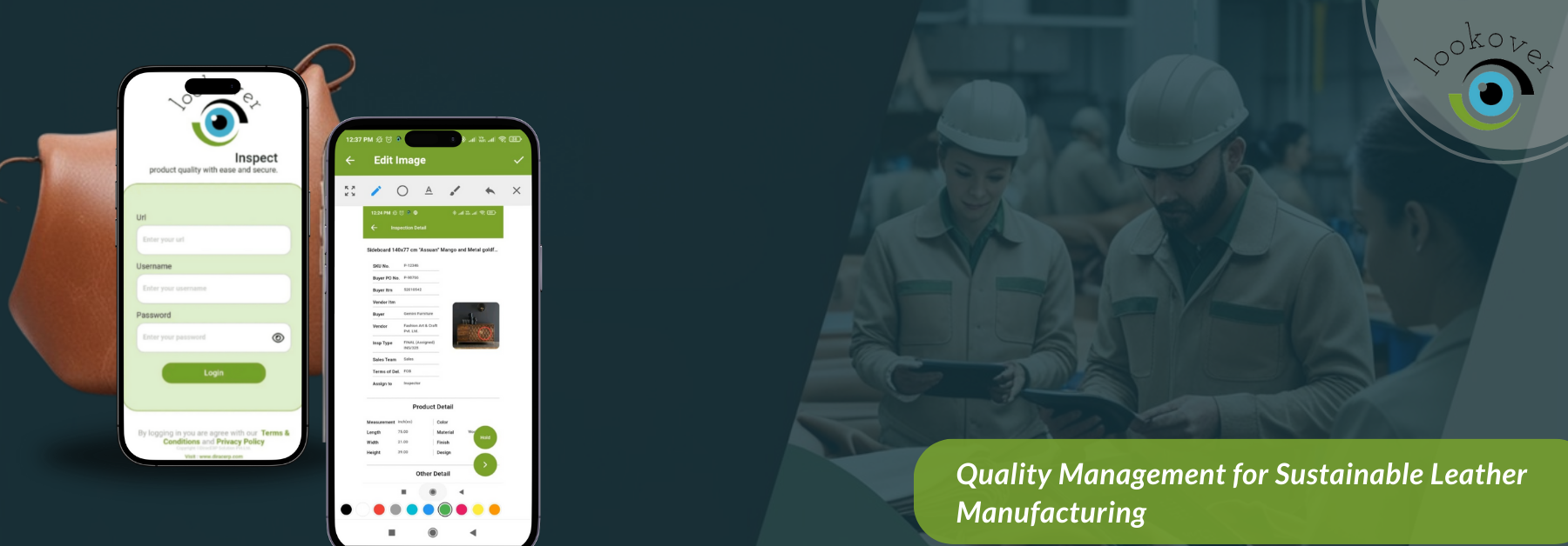 Inspectors using digital checklists on tablets in a sustainable leather manufacturing facility, with eco-friendly tanning processes and ethical sourcing elements in the background. Quality control icons and analytics dashboards highlight LookOver's advanced inspection capabilities.